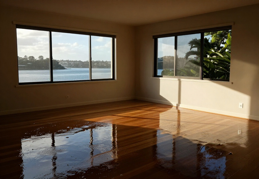 Flooded living room in Cremorne Point before restoration